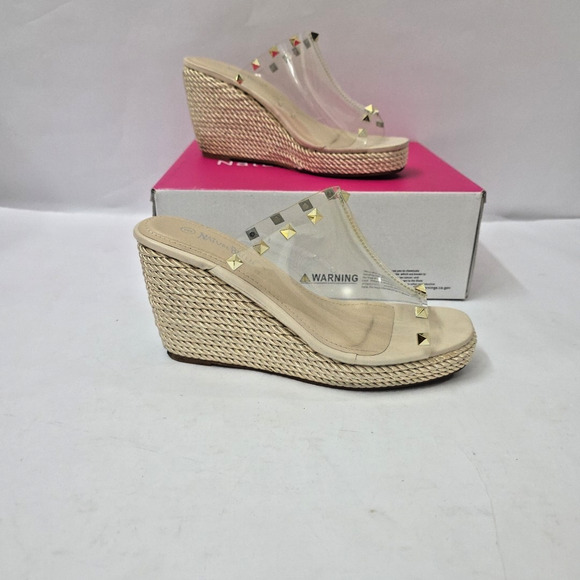Y2K Chunky Platform Wedge Sandals Size US 8 Nature Breeze Tan & Gold Studded - Picture 2 of 8